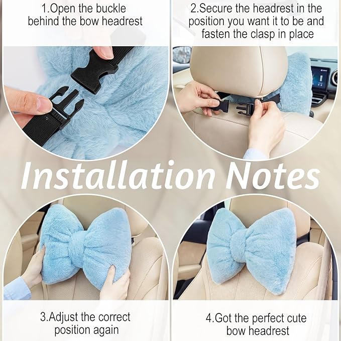 Macarrie 2 Pcs Car Neck Pillow Velvet Bow Headrest Pillow Soft Comfortable Seat Neck Support Cute Bow Car Accessories for Driving Travel Driver Chair Girl Style Interior Decor(Solid,Blue)
