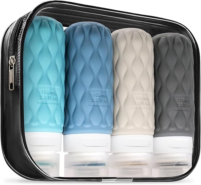100 ml Silicone Travel Bottles for Toiletries with Labels/Clear Bag, Holiday Travel Essentials Leakproof Refillable Squeeze Travel Size Containers Set for Shampoo and Conditioner