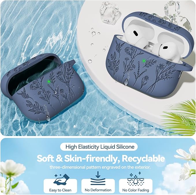 for AirPods Pro 2 Case, Ekoonpft Silicone AirPod Pro Cases with 3-in-1 Cleaning Kit & Keychain, Flower Engraved Cover for Apple AirPods Pro 2nd/1st Generation, Shockproof & Anti-Scratch