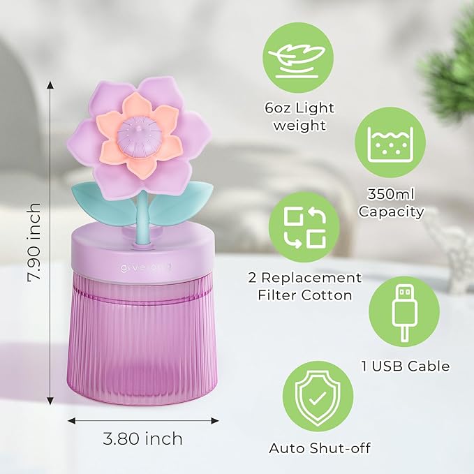 260ml Flower Mini Humidifier, Purple Gardenia Desktop Small Humidifiers, Personal Cool Mist Humidification, USB Desk Humidifier for Bedroom, Office, Travel & Indoor Plants