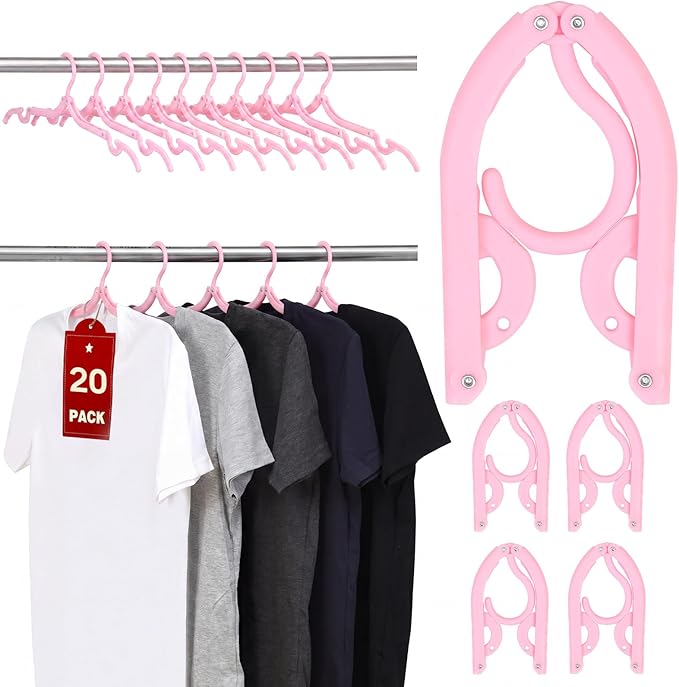 20 Pcs Travel Hangers, Cruise Ship Essentials Foldable Hangers Plastic Travel Essentials, Portable Cruises Must Haves 2026 for Suitcase, RV Camping Airplane Europe Vacation Essential, Pink