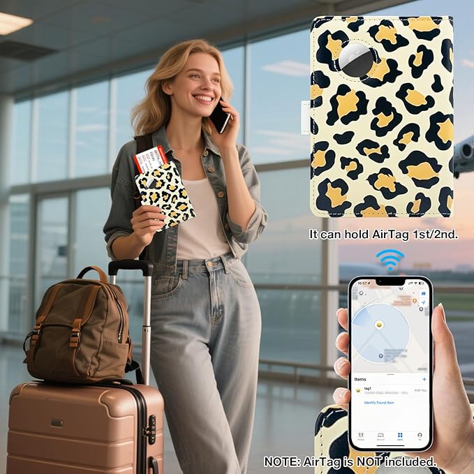 Passport Holder with Airtag Slot, RFID Blocking Leather Cover Wallet for Travel Essentials, Cute Passport Book with Magnetic Buckle, Travel Accessories for Women