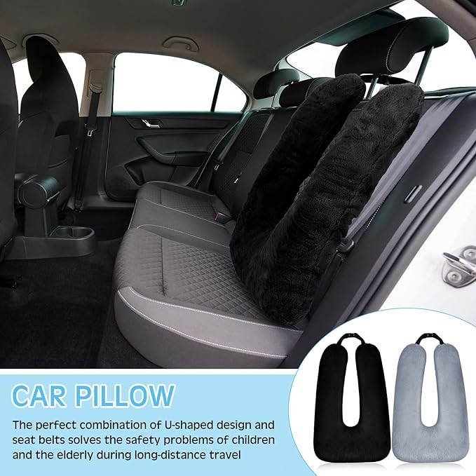 Barydat 2 Pcs Car Travel Pillow for the Back Seat 28 x 18 in Sleeping Reading Pillows for Distance Travel Car Cushion for Kids Adults Head and Body Support U Shaped Pad(Gray, Black)