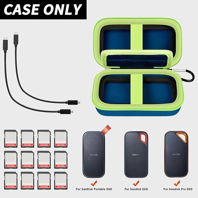 COMECASE Dual SSD Case for SanDisk Extreme Portable SSD & Extreme Pro, Hard Drive Storage Bag Fits 1TB 2TB 4TB 8TB External Solid State Drive, with 12 SD Card Slots, for Travel - Monterey(Box Only)
