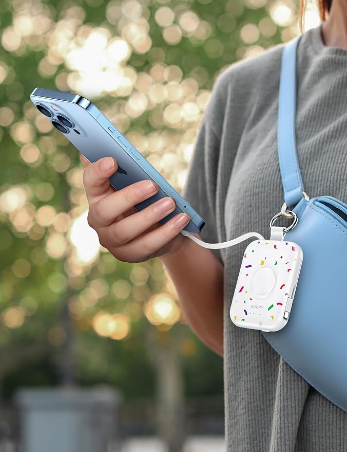 RORRY CharmGo Portable Charger, 5000mAh Portable Charger Power Bank with Built-in Cables, Travel Keychain Battery Pack for Apple Watch and iPhone Air/17/16/15/14/13/12, Confetti-White