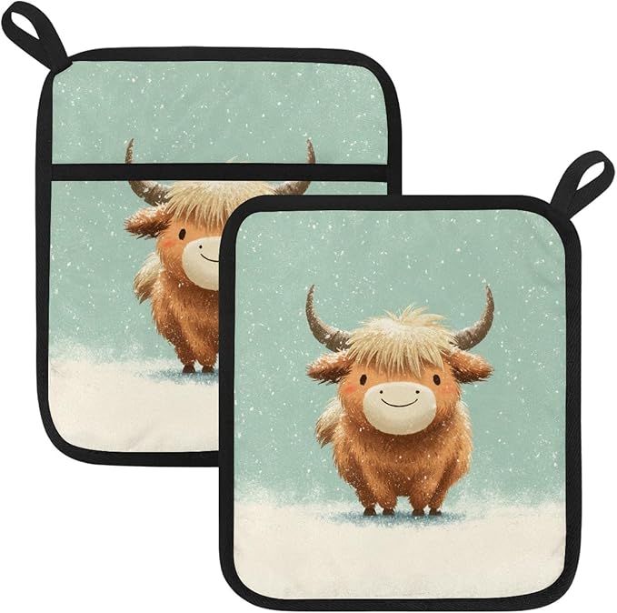 Cute Snow Calf Pot Holders with Pockets 2 PCS, Heat Resistant Oven Mitts Hot Pads for Kitchen Baking Cooking, Square Thick Pot Holders Kitchen Hot Potholders, 8.5x10 Inches