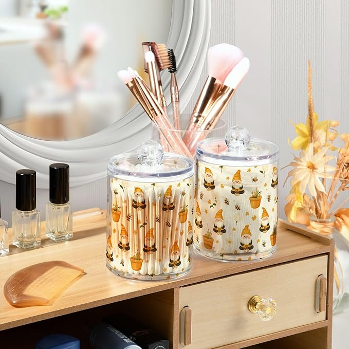 Gredecor Qtip Holder Dispenser 2 Pack Gnome Bees Flying Dwarf Daisy Apothecary Jars with Lids Bathroom Vanity Countertop Canister Storage Organizer for Cotton Ball,Swabs,Pads,Floss