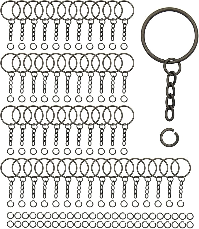 50Sets 1 inch Keychain Rings Gun Black Split Round Key Ring with Chain and Open Jump Rings for DIY Keychain Making Crafts