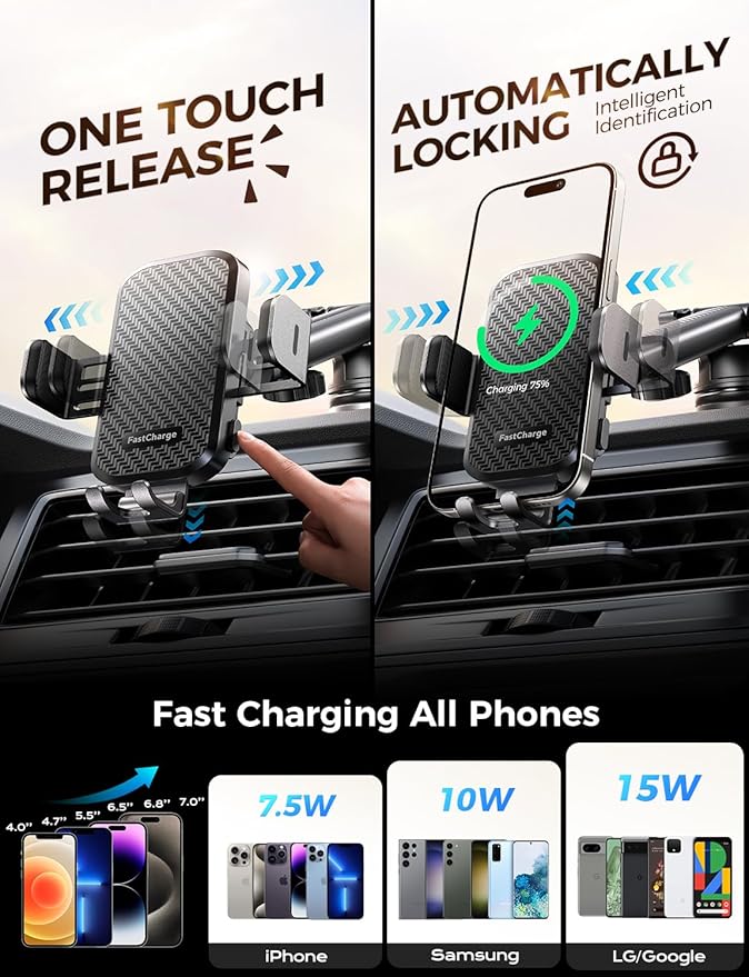 Wireless Car Charger with Phone Holder Mount, 15W Fast Charging Auto Clamping Phone Holders for You Car Windshield Dashboard Air Vent Accessories for iPhone, Samsung Galaxy, Google, etc