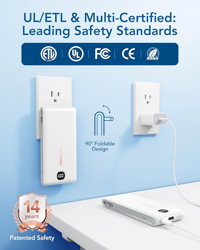 VEEKTOMX Portable Charger with Built in Cables 10000mAh, Power Bank for iPhone with AC Wall Plug, Fast Charging USB C Slim Battery Pack with LED Display Compatible with iPhone 17/16/15, Samsung