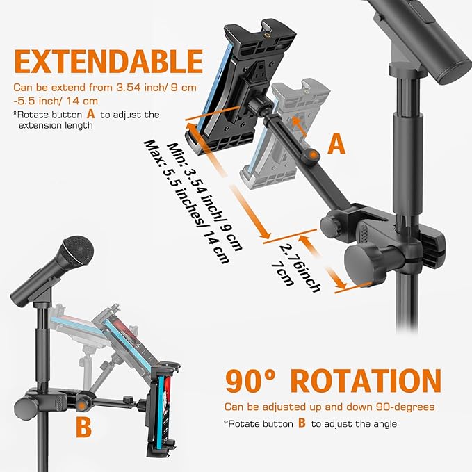 Tablet Holder for Microphone Stand, Mic Music Stand Tablet Holder for iPad, 360° Adjustable Clip-on Phone Mount for Shee Music Stand, Fits Devices from Screen Size 4.7 to 12.9”