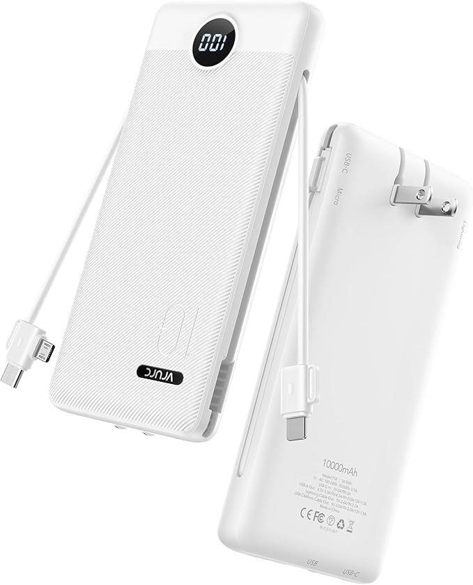 VRURC Portable Charger Power Bank - 10000mAh Fast Charging 22.5W PD 20W Slim Portable Charger Built in Cables,Power Bank with Cords,USB C Portable Phone Charger Travel Accessories -White