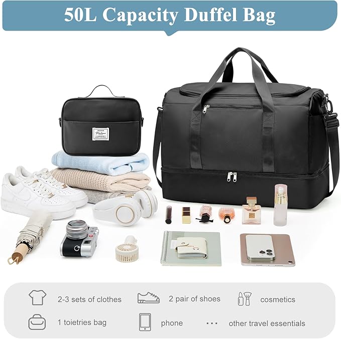 Large Travel Duffle Bag with Shoe Compartment, XL Weekender Bags for Women, Carry On Overnight Bags for Gym Sports & Business Trips, Water-Resistant Hospital Bag for Labor and Delivery,Black