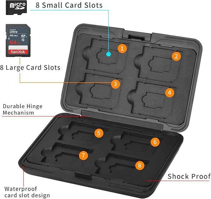 Aluminum Shock Resistant Carrying Box Holder Memory Card Storage Box Case Holder 8 Slots for SD SDHC MMC Micro SD TF Cards (Black)