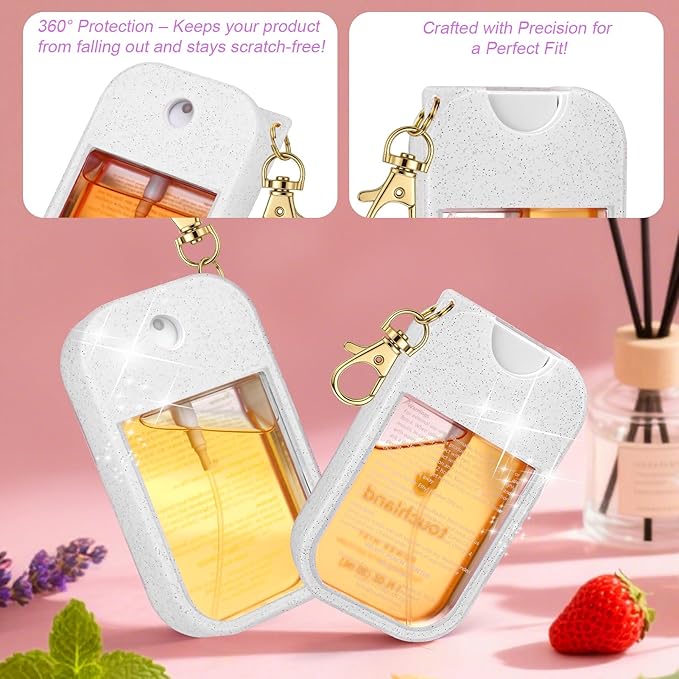 AIERSA Hand Sanitizer Spray Glitter Case Compatible with Touchland, Silicone Hand Sanitizer Case Holder with Keychain for Touch Land Mist 1FL. OZ (Glitter Sequin White)