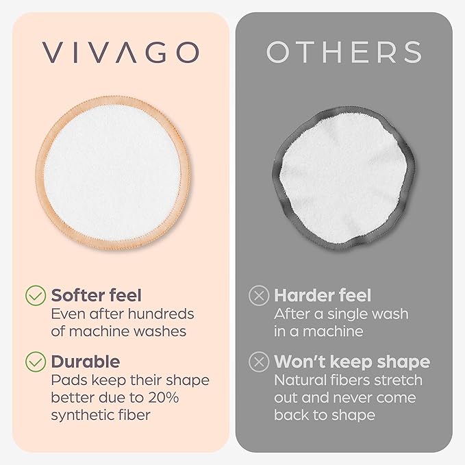VIVAGO Reusable Cotton Rounds for Face - (20 Pack) Soft Reusable Makeup Remover Pads with Washable Drawstring Laundry Bag & Bamboo Holder - All Skin Type Skincare Set Facial Cleaning Cloth