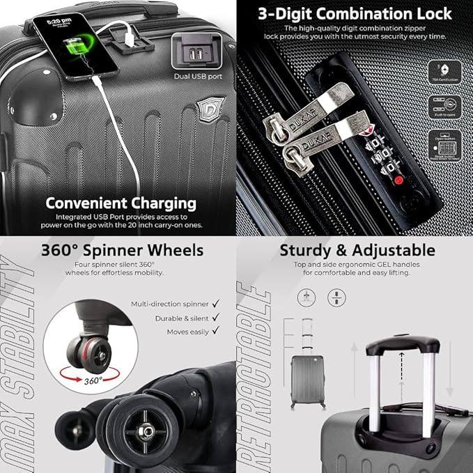 DUKAP INTELY Luggage with Integrated USB Port and Spinner Wheel | Spacious Travel Suitcase with TSA Lock and Ergonomic GEL Handle | 20 Inch Hardside Carry-On Luggage | Grey