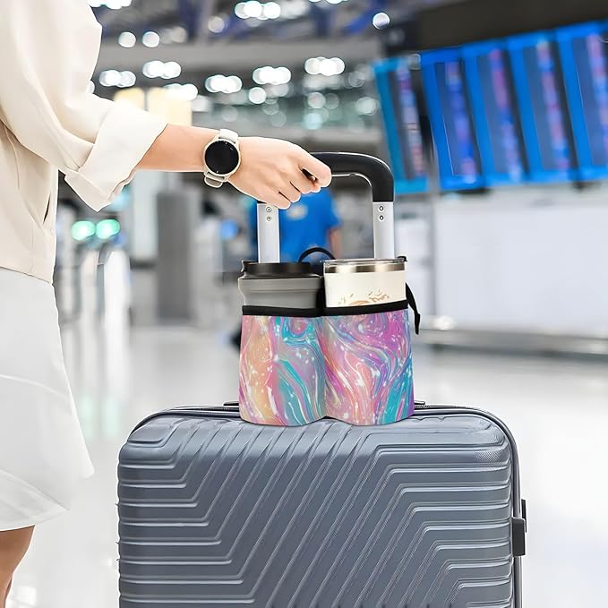 Luggage Cup Holder for Suitcases Free Hands Suitcase Cup Holder Travel Luggage Drink Holder Portable Luggage Cup Caddy Bag Carrier with Handle Pink Liquid Gradient