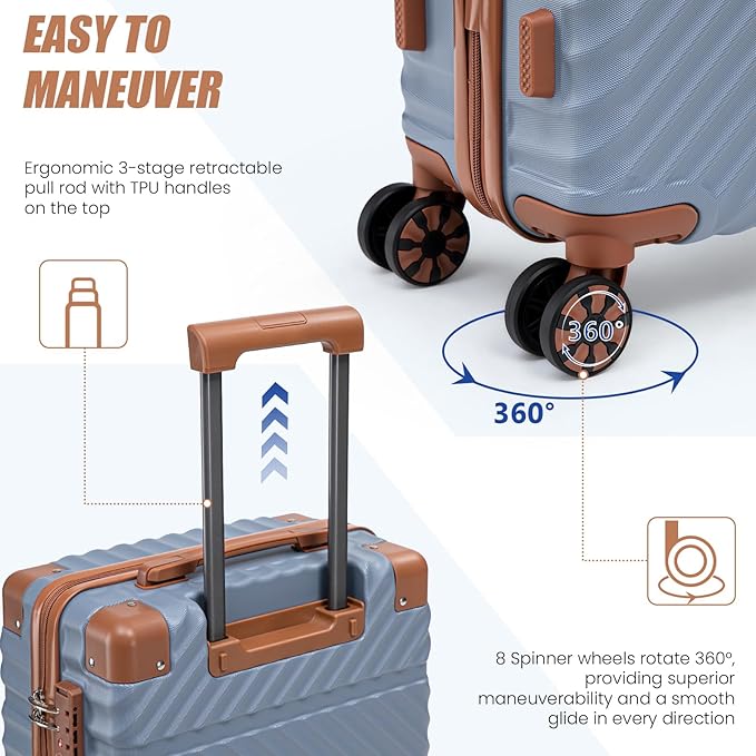 Cosbarn Carry On Luggage 22x14x9 Airline Approved, Hardside 20 Inch Carry on Suitcases with Wheels, Hard Shell ABS Lightweight Carry on Luggage Set, Travel Suitcase Set with TSA Lock, SkyBlue