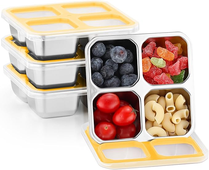 BEFOY 4 Pack Stainless Steel Snack Containers with Lids 4 Compartment Food Storage Containers for Adults & Kids Meal Prep Containers Reusablele (Yellow, 4)