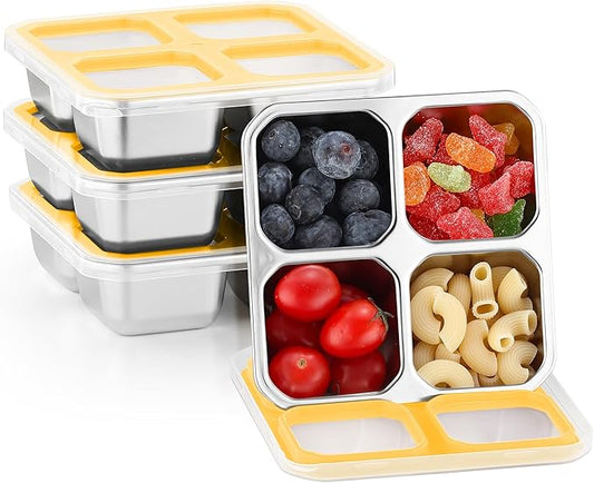 BEFOY 4 Pack Stainless Steel Snack Containers with Lids 4 Compartment Food Storage Containers for Adults & Kids Meal Prep Containers Reusablele (Yellow, 4)