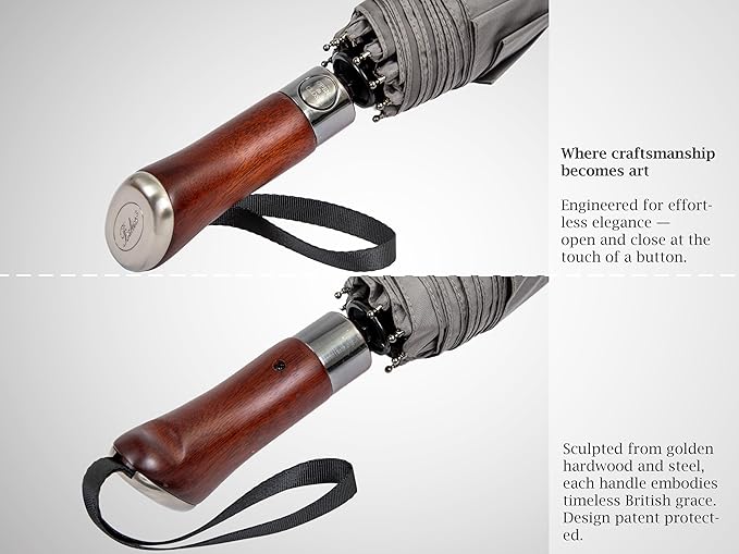 Balios (Designed in UK) Travel Umbrella Luxurious Golden Hardwood Handle Auto Open & Close Windproof Frame Single Canopy Automatic Folding Umbrella Men's & Ladies