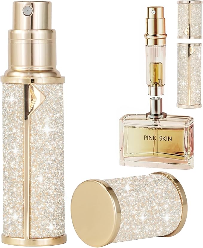Travel Perfume Bottle Refillable,Valentine's Day Gift Perfume Travel Refillable Mini Spray Bottles Leather Cologne Dispenser, Portable Empty Spray Bottle Dispense Filling Atomizer 5ml (Golden)