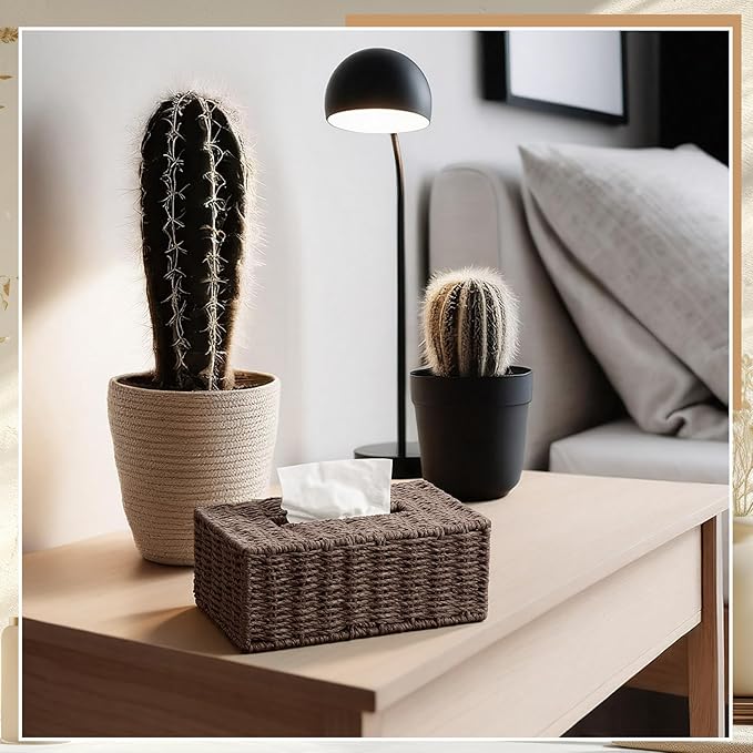 Tissue Box Cover Rectangle Natural Paper Rope Hand Woven Tissue Box Holder for Bathroom Living Room Bedroom Kitchen Table Desk Office Farmhouse Home Decor(Dark Brown)
