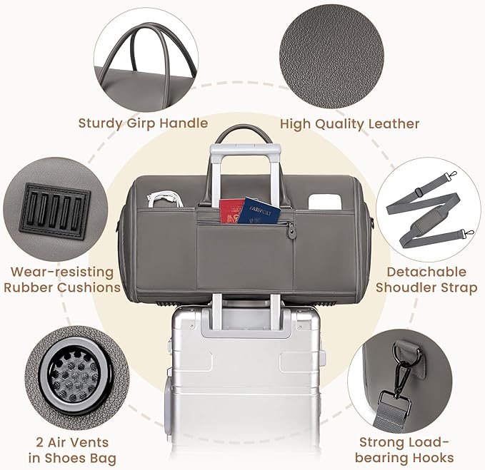 Suit Bag Travel,Vessgra 2 in 1 Leather Duffle Bags for Men 56L Duffel Bags for Traveling PU Leather Garment Bag with Shoe Compartment,Travel Carry on Bag Weekender Bussiness Wedding,Grey