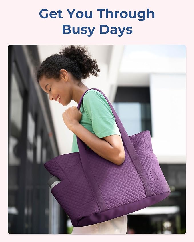 BAGSMART Crush Tote Bag for Women, 20L Puffer Work Tote with Zipper, Travel Essentials Quilted Nurse Hospital Bag