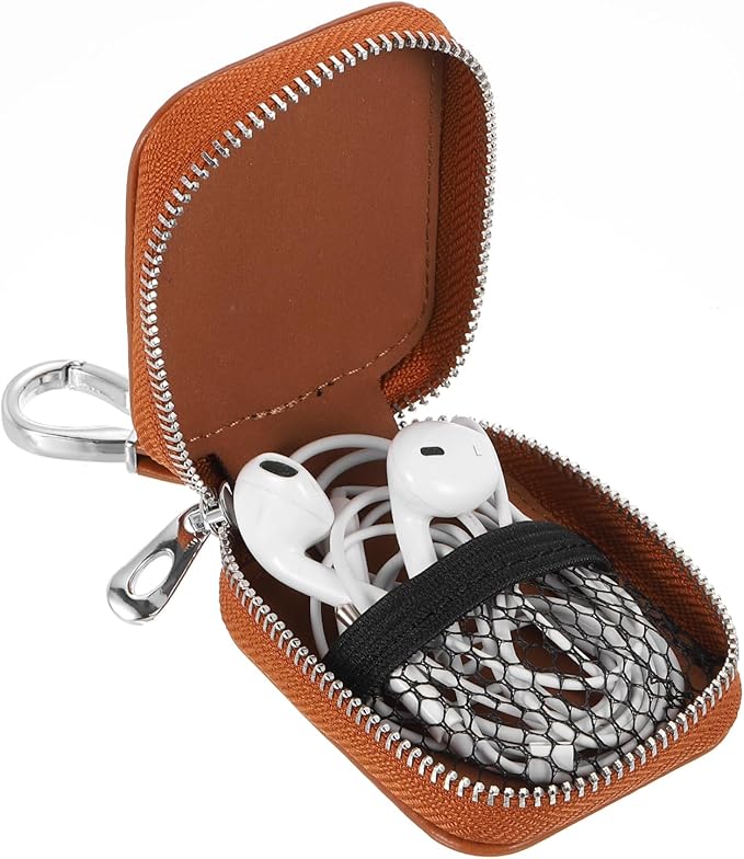 HARFINGTON Earbuds Cases, Earphone Case Holder, PU Leather Ear Buds Case Zipper Organizer Small with Mesh Pocket for USB Cable, Wireless Wired Earphones, Brown