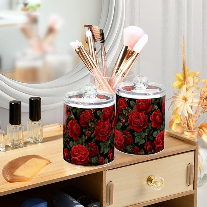 Gredecor Qtip Holder Dispenser 4 Pack Red Rose Flowers Leaves Apothecary Jars with Lids Bathroom Vanity Countertop Canister Storage Organizer for Cotton Ball,Swabs,Pads,Floss