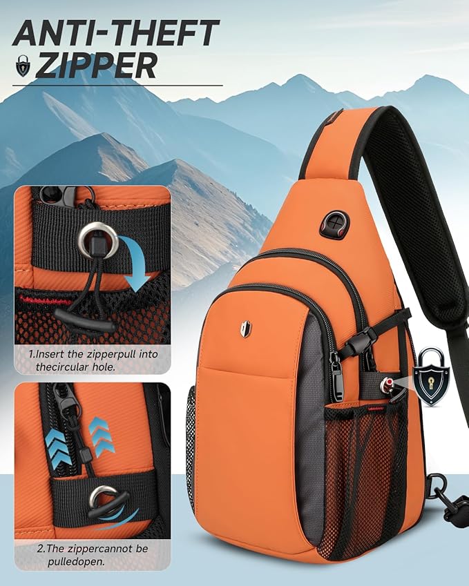 Expandable Sling Bag for Women, Anti-Theft Crossbody Bag with Side Pocket & Earphone Hole, Hiking Chest Pack for Travel, College & City Commute, Fits 11 inch iPad, Switch 2, Orange