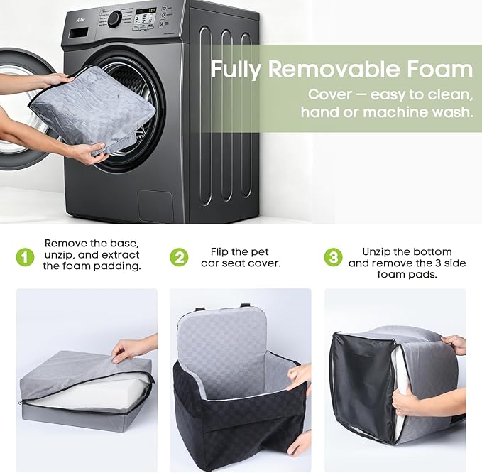 Waterproof Dog Car Seat for Small/Medium Dogs up to 26 lbs, Memory Foam Booster Seat Elevated 6in, Pet Car Seat with Removable Washable Cover, Y-Shape Safety Belt and Storage Pockets