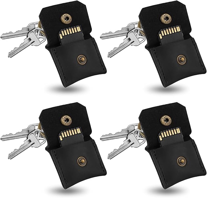 Jack&Chris Genuine Leather SD Card Holder Keychain, Anti-Shock Anti-Dust SD Card Case, Portable Camera Accessories for SD CF CFexpress Micro SD Nano SIM and Micro SIM Cards, Black 4 Packs