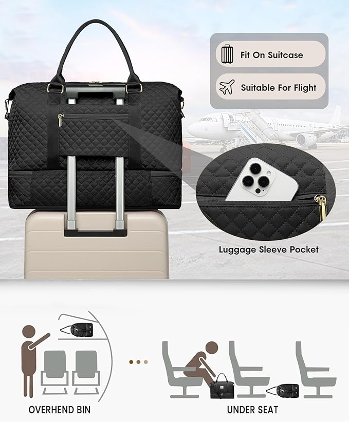 FIUAIE Overnight Weekender Bag for Women - Duffle Bags with Shoe Compartment Carry On Bag with Wet Pocket for Yoga Gym Travel Bags with Toiletry Bag for Business Trips Hospital Bags Black