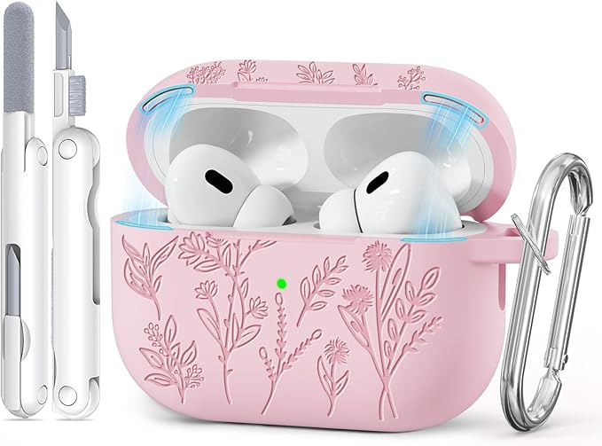 for AirPods Pro 2 Case with Magnetic Lid, Ekoonpft Flower Engraved Silicone Case for Apple AirPods Pro 2nd/1st Generation (2023/2022/2019) Cover with Cleaning Kit & Keychain