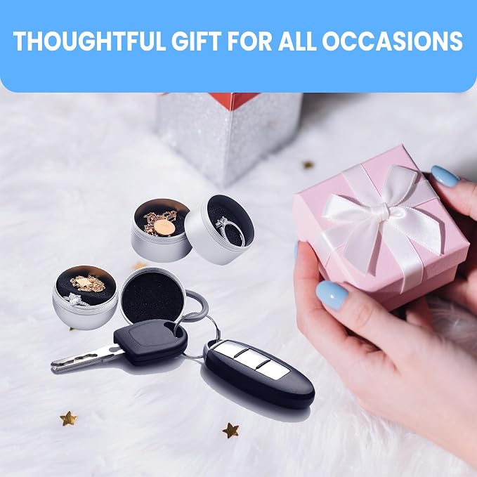 Jewelry Storage Box Case Gym Storage Jewelry Storage Box Case, Ring Organizer Container with Protective Sponge,Jewelry Care Protective Ring Holder with Keychain((Silver)
