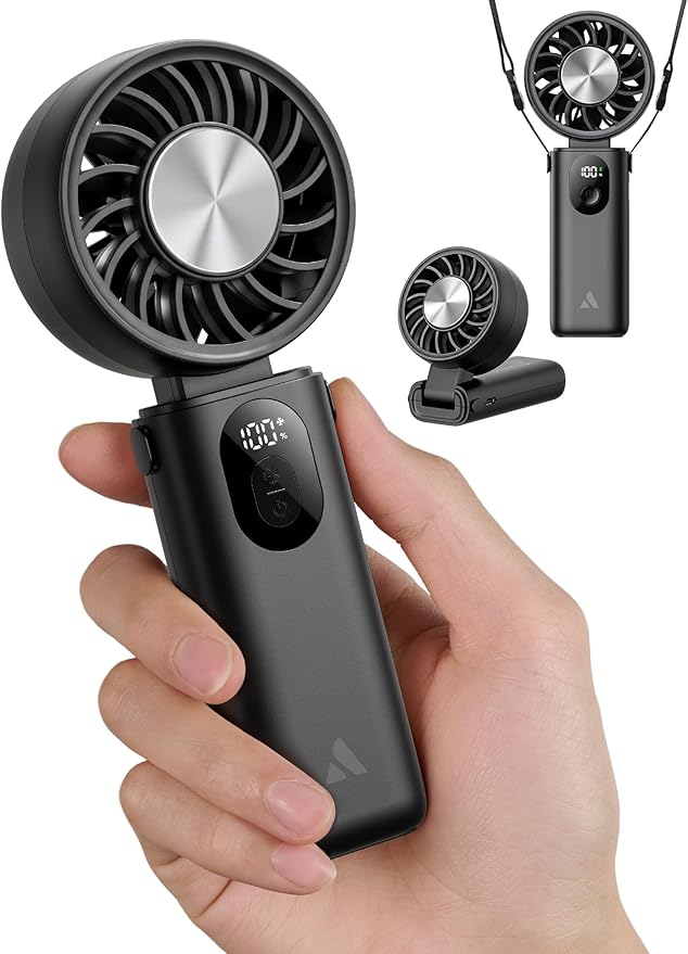 Aecooly Mighty Portable Handheld Fan with Cooling Plate | 20H Max Cooling Time | 3 Flexible Modes | 5 Speeds Wind | Battery Level Display | Mini Personal Battery Powered, Gifts for Women, Travel-Black
