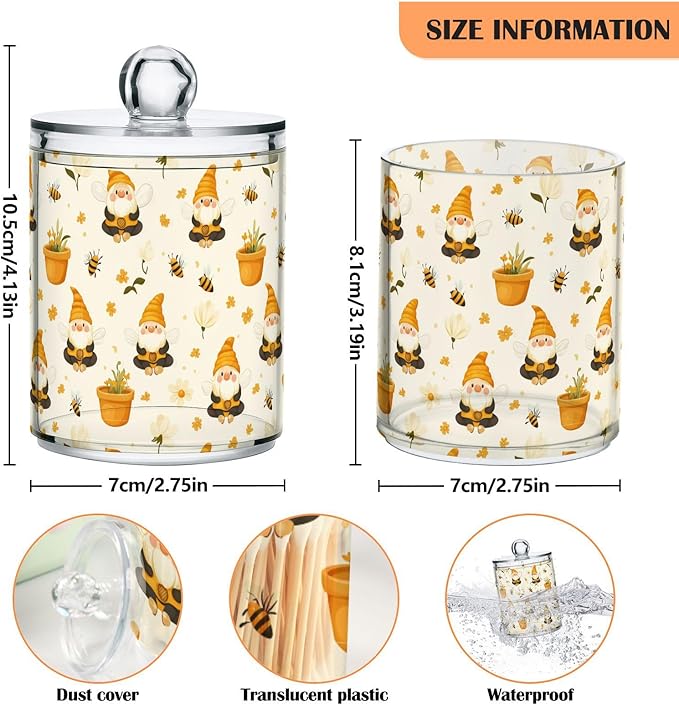 Gredecor Qtip Holder Dispenser 4 Pack Gnome Bees Flying Dwarf Daisy Apothecary Jars with Lids Bathroom Vanity Countertop Canister Storage Organizer for Cotton Ball,Swabs,Pads,Floss