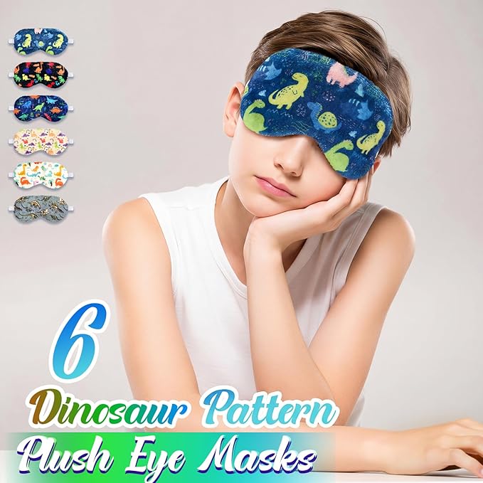 Cuffbow 6 Pack Plush Sleep Mask Set, Cute Plush Eye Masks for Sleeping, Soft Comfortable Travel Nap Blindfold, Sleepover Party Favors for Women (Dinosaur,Colorful)