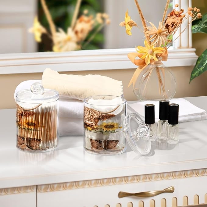 2 Pack Qtip Holder Organizer Dispenser Watercolor Sunflower Highland Cow Bathroom Storage Canister Cotton Ball Holder Container for Cotton Pads/Swabs/Floss