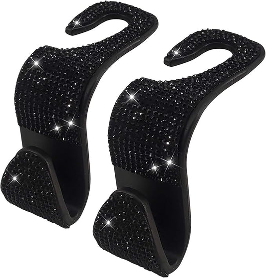 Dermasy 2 Pack Car Hooks, 2021 New Bling Rhinestones Crystal Hooks Car Decorations Auto Seat Back Organizers Strong and Durable Backseat Hanger Storage Universal for SUV Truck Vehicle (Black)