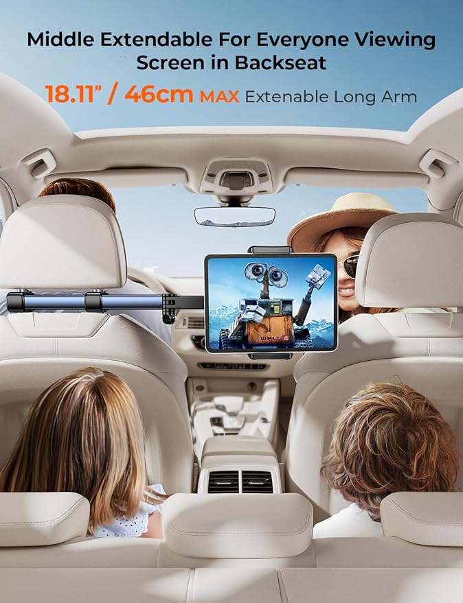 Tryone Headrest Tablet Holder for Car Accessories : [18.11-inch Long Arm] 3-in-1 Backseat Tablet Holder for Kids Road Trip Compatible with iPad Switch Smartphones & Tablets or Other 4.7-13" Devices