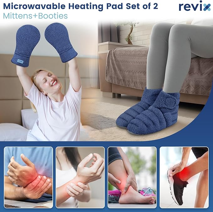 REVIX Microwavable Heating Mittens and Feet Warmers, Hand Warmer Gloves for Women and Men, Microwave Heated Foot Warmer for Fatigue and Discomfort Relief, Cold Feet Reliever, Navy S, Set of 2