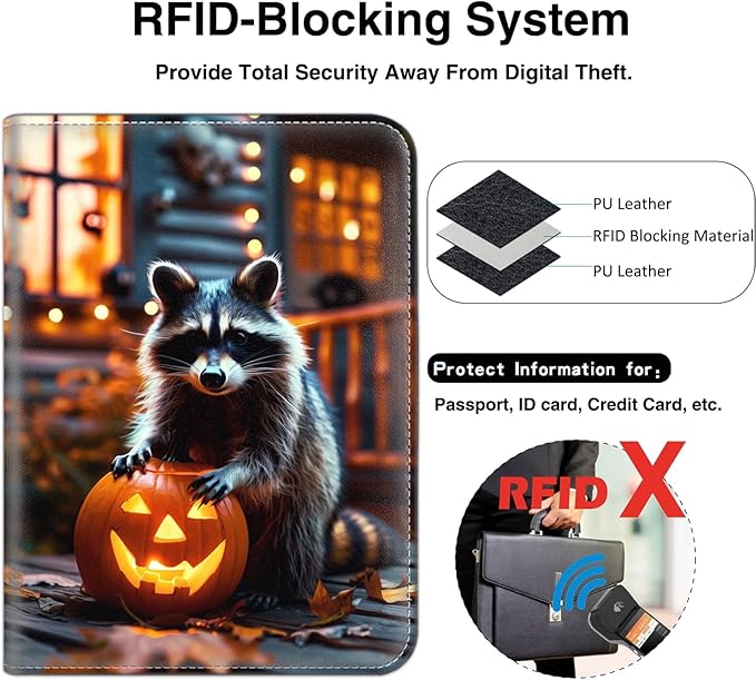 Passport Wallet, Passport Holder with RFID Blocking and Luggage Tag, Waterproof PU Leather Travel Documents Organizer Case, Passport Covers with Card Slot for Women & Men, A Raccoon and Pumpkin