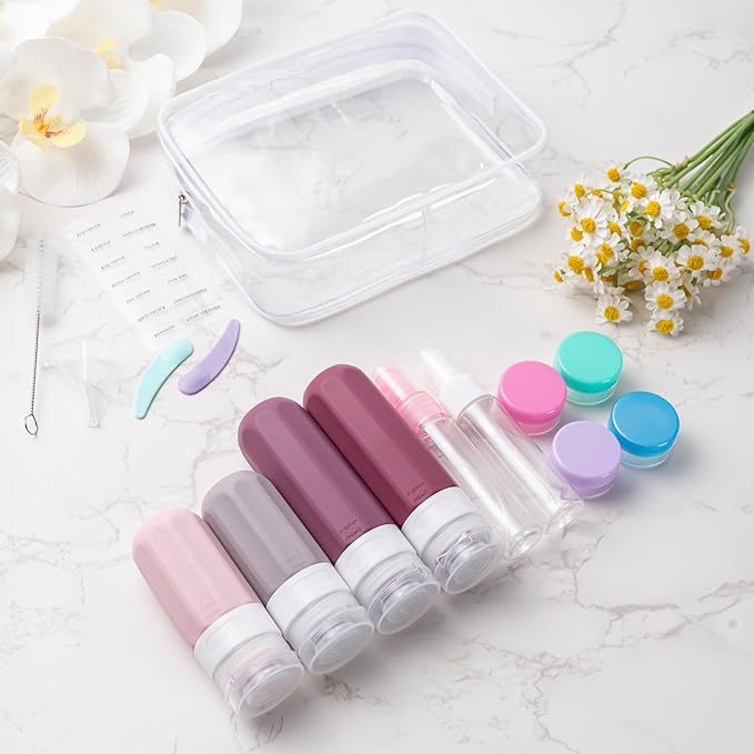 MODENGKONGJIAN 16 Pack Travel Bottles for Toiletries,TSA Approved Silicone Squeezable Travel Shampoo Bottles, 3oz Leak Proof Refillable Toiletry Cosmetic Containers (16PCS/Cranberry)