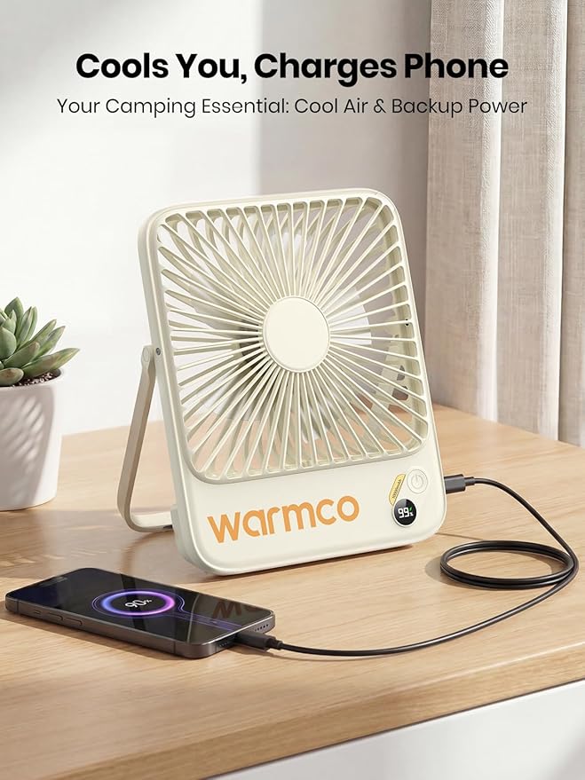 Warmco 10000mAh Portable Travel Fan 7-inch, Up to 24H Runtime, Ultra-thin Quiet Rechargeable Battery Operated Desk Fan with Digital Display for Camping, Office, Bedroom, Cruise Essentials