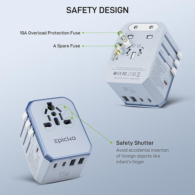EPICKA Universal Travel Adapter GaN 45W, European Travel Plug Adapter with PD&QC Fast Charging(2 USB-A & 3 USB-C Ports) - Worldwide Travel Essentials, International Power Adapter for UK/US/AU (Blue)