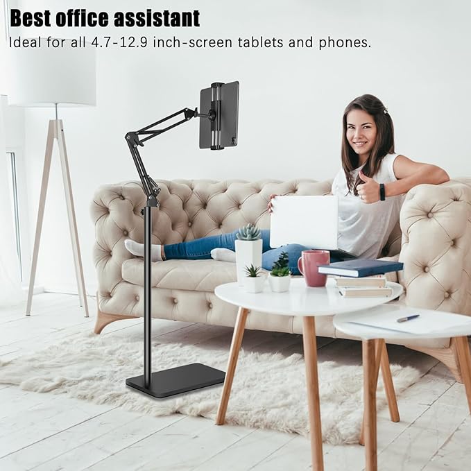 Lucky Trip Tablet Floor Stand with Double Heavy Duty Stable Base Never Tip Over, Adjustable Height Swivel Overhead Bed Tablet Phone Stand Holder for iPad, Kindle, Galaxy Tab, Cell Phones(4.7''-13'')